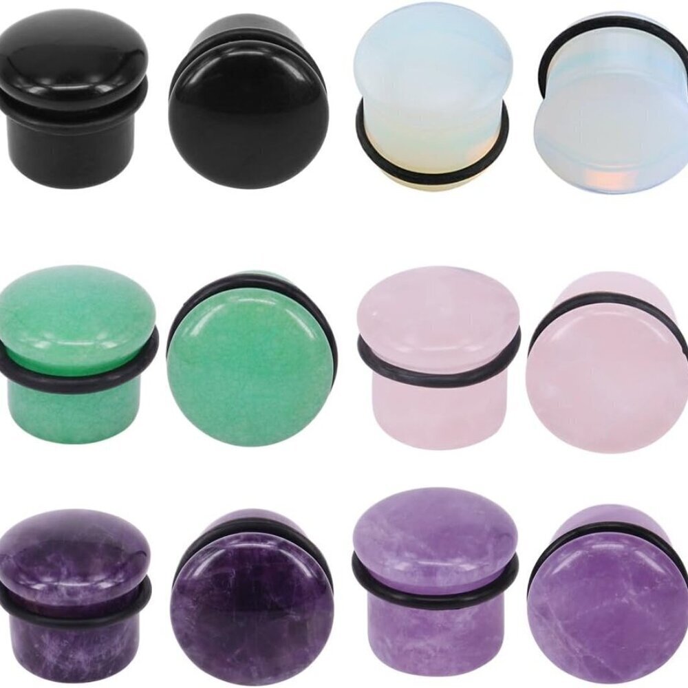 6 Pairs Stone Ear Gauges 4g-11/16” Single Flared Silicone O-Ring Jewelry